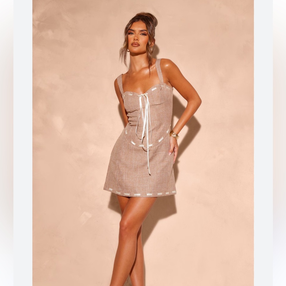 PrettyLittleThing Beige Dress with Ribbon Accents